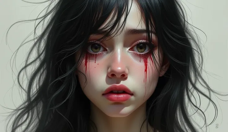 woman with black hair crying a lot - very realistic drawing style
