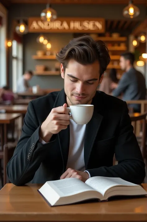  A young man wearing a black jacket with a white shirt ,  looks like he is enjoying a cup of coffee with a book on his desk . Make a high-resolution hd image .  It looks like the young man is in a café with the name Andira Husen in the background 