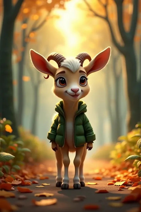 A young goat, now with a determined look, is walking on two legs through a forest path. The path is lined with tall trees, and the ground is covered with autumn leaves. The goat wears a small green jacket, and its eyes are scanning the surroundings. The at...