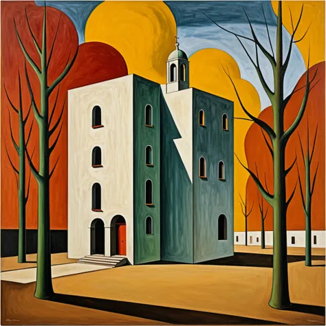 a metaphysical painting in the style of de chirico, matte finish without gradients, abstract art impression, high quality artwork as in art textbooks, minimal objects to convey a sense of loneliness, autumnal color palette without explicit autumn reference...