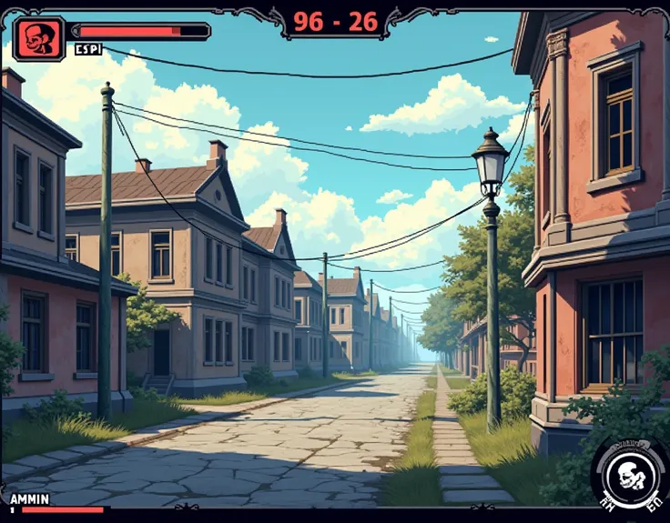 Screenshot of the retro game .  HP UI and ammo are displayed.  Daytime Russia setting 