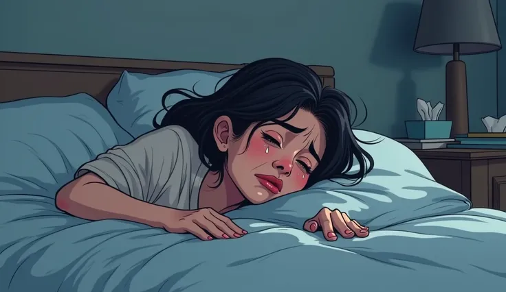 Woman crying a lot in her bed - very realistic cartoon style