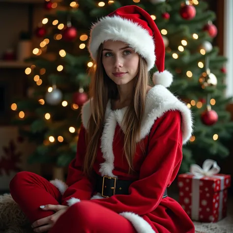 masterpiece, Beautiful  teenage santa girl sitting in front of a christmas tree, 16K, Ultra high resolution.Photorealistic, uhd, RAW, SLR camera