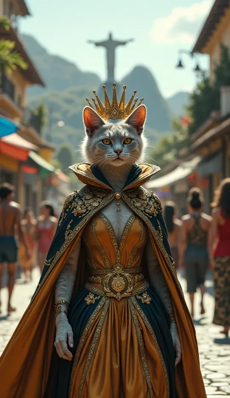 a cat in human form,  with gray hair and enigmatic eyes ,  walks the streets of a vibrant city ,  surrounded by the unique beauty of Rio de Janeiro .  She is dressed in a luxurious queen costume , feito de seda e veludo,  adorned with golden and elegant de...