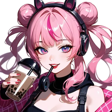 Anime-style strong female character with a playful grin showing teeth. She has tan or dark skin, natural makeup, and striking red diamond-like eyes with glossy red lips. Her long pastel pink hair with purple highlights is styled in double buns with some br...