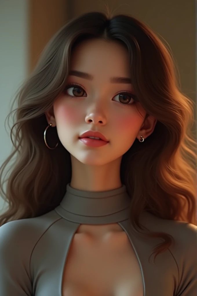 25 year old woman Generate a portrait of a young woman with wavy, long brown hair and a soft expression. She has large, expressive eyes with natural makeup, full lips, and a warm complexion. The woman is wearing a white high-neck top with a cutout detail o...