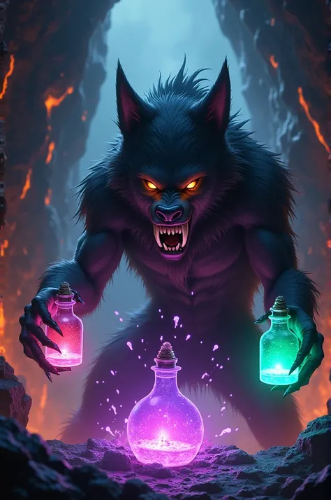 Voici un prompt pour une image de votre personnage hybride :

“A half-vampire, half-werewolf creature juggling glowing magical potions in a dark volcanic cave. The creature has a mysterious, intense gaze with fangs peeking from its lips and a rugged, wolf-...