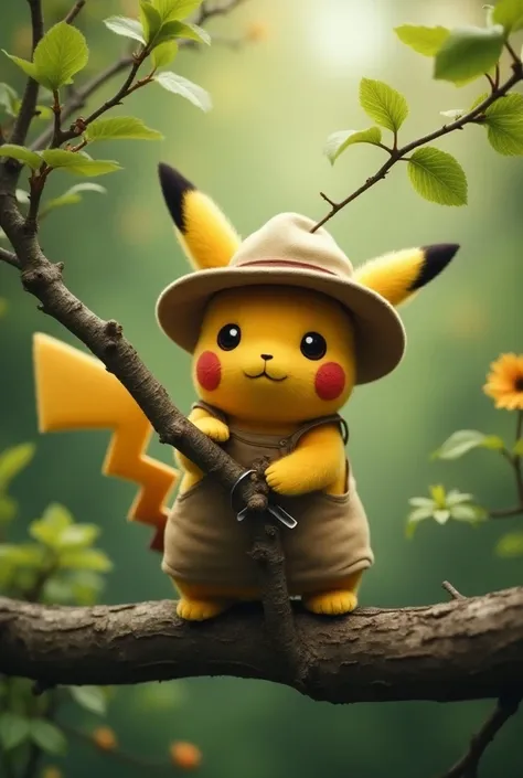 Clothes pikachu pruning tree branch with tools 