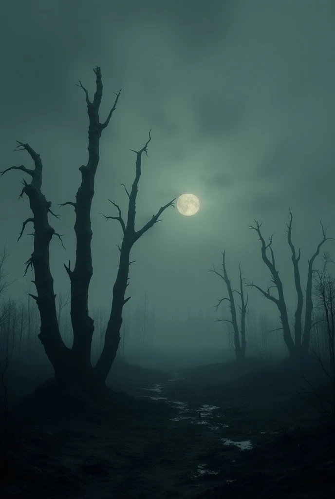 Dark gray sky with falling ash, dead twisted trees in silhouette, post apocalyptic landscape, moody atmospheric lighting, cinematic wide shot, 8k detailed, somber palette