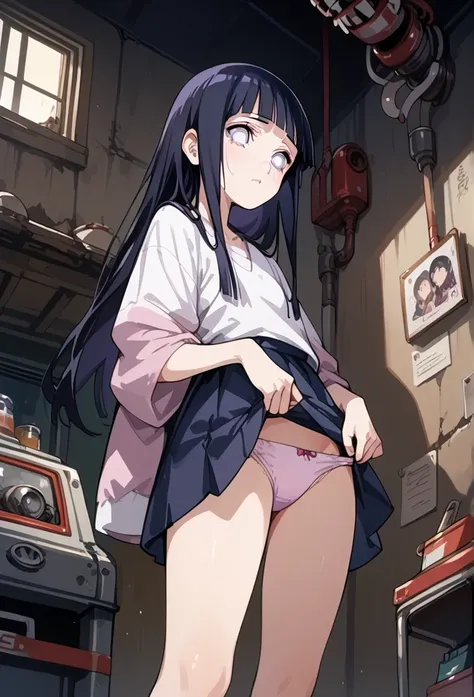 (hinata, Hyuuga Hinata, purple eyes, blunt bangs, black hair, white eyes, pink pupils, from front, Panties pulling , Undress, from below,  a girl, Full night , interior,  concrete wall,(((muslos gruesos))), cuerpo femenino niña.