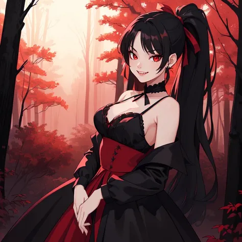 (masterpiece, best quality, award winning), super detailed, 1girl, smirk, vampire fangs, black hair, long hair, ponytail with red ribbon, red eyes, beautiful eyes, black sundress, long dress, [red jacket], [new moon], (night forest background), (at night),...