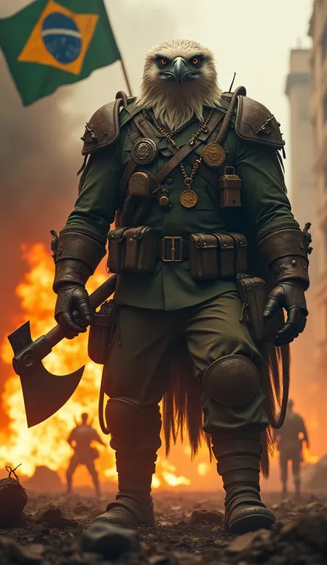 Hyper-realistic Giant muscular anthropomorphic harpy eagle warrior in Brazilian WW2 military uniform , facing forward at sunset, tattered Brazilian flag waving behind, holding vintage warfare axe, dramatic fire and smoke effects, military medals, weathered...