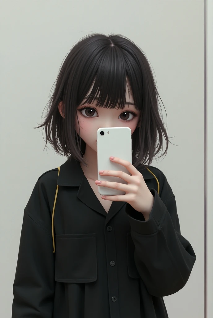 young girl,  straight and messy hair,  taking a picture in the mirror,  white cell phone , black clothes, realistic 3D art