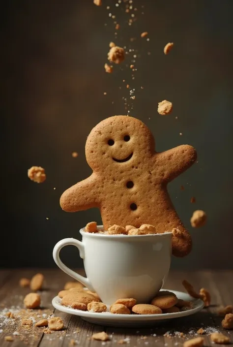 MAN WITH A GINGERBREAD COOKIE DRAGGING A LARGE AND VERY HEAVY CUP BY THE HANDLE OF THE CUP