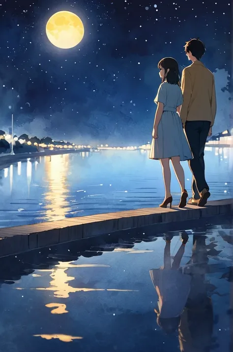 Watercolor style painting， Makoto Shinkais painting style 。The background is a clear blue night sky and a bright yellow moon， boy and girl stand on the riverside promenade、 confessed to each other under the moonlight 。.，Surrounded by stars， Minimalist Styl...