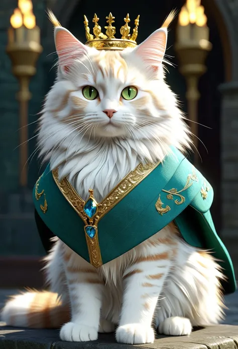 Cat breed: Maine Coon
The coat color ： gold and white tuxedo pattern
eye color：green（blue）
Costume： Armor like King Arthur
Accessory ： crown
Item ： has Excalibur

background ： medieval castle

Magic and Fantasy 、Light、Vivid colors
 Cinema4D rendering , hig...