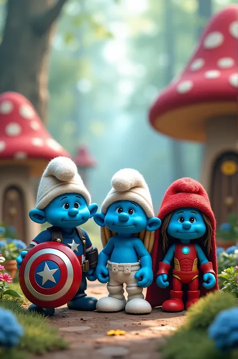 Voici un prompt pour une version amusante et unique des Avengers dans le style des Schtroumpfs :

“A group of Smurf-like Avengers in a whimsical forest village, each dressed and styled like their superhero counterpart but in the iconic blue and white look ...