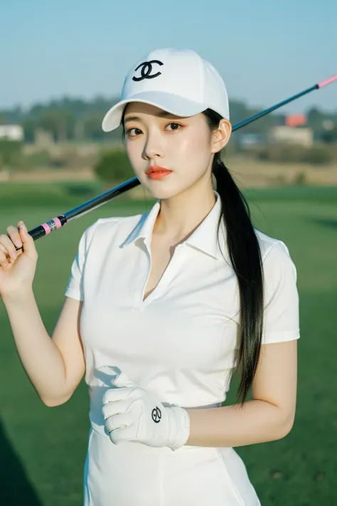  a 36-year-old female CEO standing on a golf course 。Holding a light pink club 。Prepare to hit。 Oriental woman with round face, full chest, long straight hair, ponytail 。Light makeup for plain skin、 wearing a stylish white golf dress from a high-end brand、...