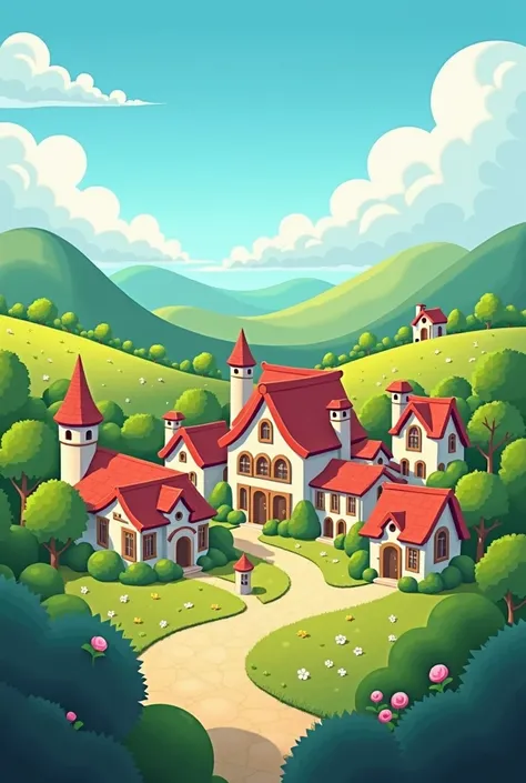 A small town in the background without people cartoon style