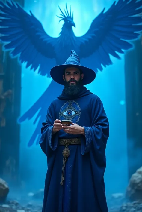 A handsome man,  with a stylized beard ,  short hair,  dressed as a sorcerer ,  with his blue witch hat , wearing a blue tunic  (  the tunic is printed with the eye of Horus symbol, Egyptian symbol of protection ) He carries a cup of tea in his hands, It i...