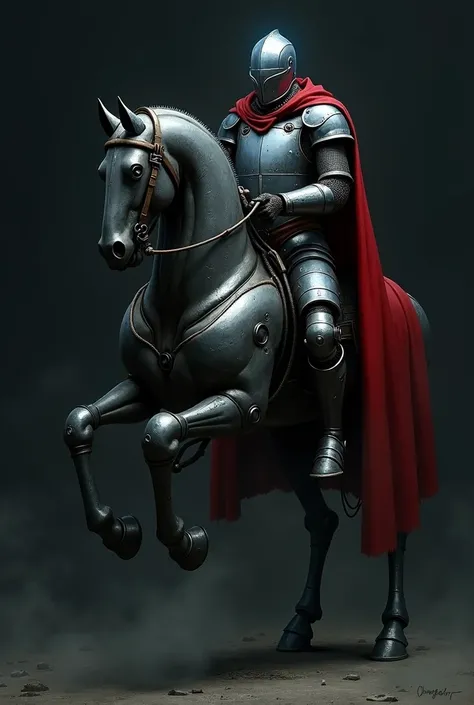 A full body dark fantasy digital painting of a knight with an industrial, post-apocalyptic vibe, sitting on a robotic horse in a dynamic pose on its hind legs (which are fully visible) and wielding only a spanner that is visible and detailed. The word "Kni...