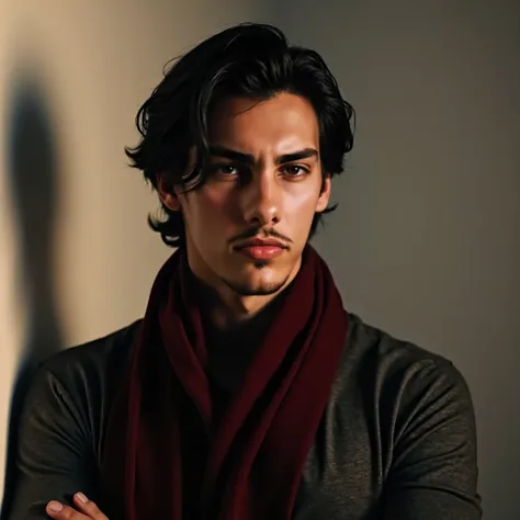 Elegant and sophisticated man , medium wavy hair,  black hair .  You are wearing a dark gray long sleeve t-shirt and a dark red scarf. His gaze is fixed forward. Image background white wall with low lighting .