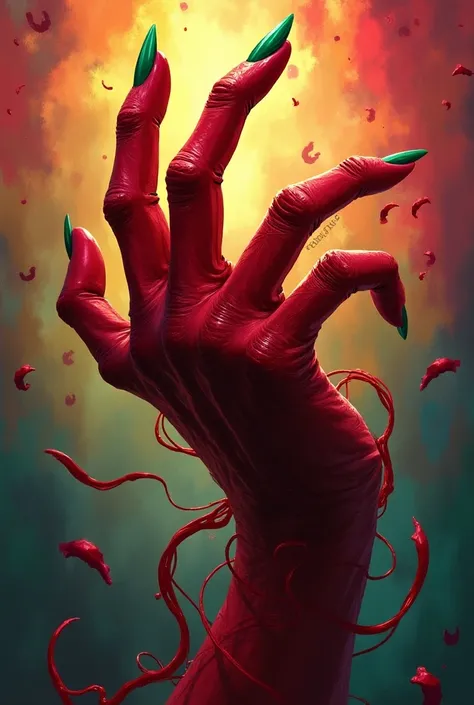 Make a writhing hand with red fingers , green nails, red veins and a colorful, radiant background