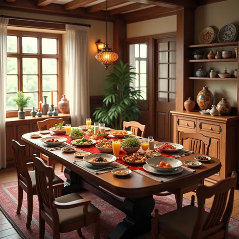 German house 。 has a table in the center of the room 、Japanese New Years dishes are lined up on top of it