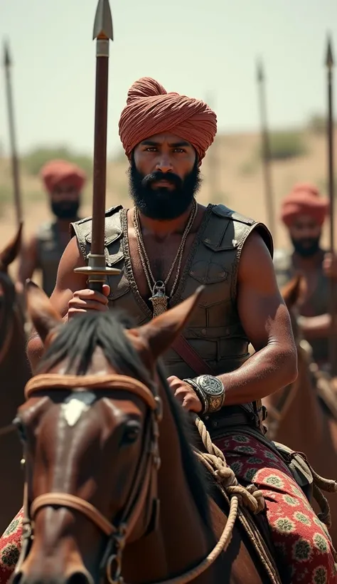 Rajput cavalrymen are fit, agile, and have an experienced, rugged look. They have a calm, serious demeanor, focused on controlling their horses and assessing the battlefield.

Attire: They wear leather armor over traditional Rajput attire, with turbans sec...