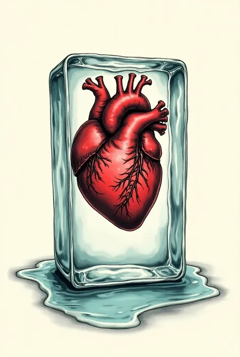 Generate an old school tattoo drawn on an A4 sheet of a human heart inside an ice cube in a puddle