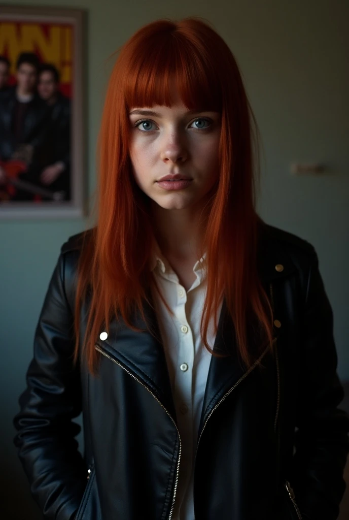 Photo of a young woman with straight red hair. She has striking blue eyes. She is wearing a black leather jacket and a white shirt. The girl is posing with her hands in her pockets. The background is a dimly lit room with a poster of a band.
