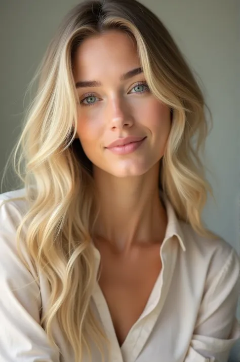  Heres a detailed prompt for an image of a blonde woman with light eyes and long hair:


 ---

A blonde woman with long wavy hair that falls gently over her shoulders . She has light eyes,  shiny and expressive , with a calm and welcoming look. Your expres...