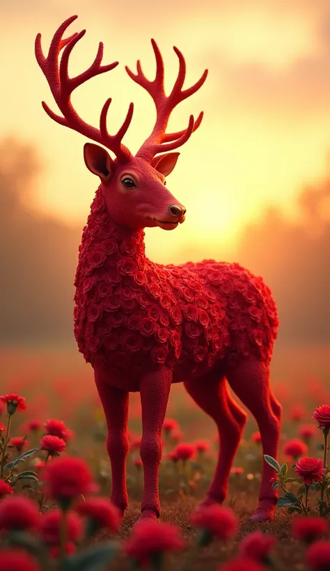 Image is a digital artwork featuring a stylized, mythical deer composed entirely of red rose petals. The deer is in an elegant pose, with its body adorned with intricately arranged petals, giving it a vibrant and fascinating appearance. The background is a...