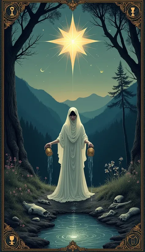 CARTA DE LA ESTRELLA DEL TAROT , CARTA DE LA ESTRELLA  {
  "size": "1024x1024",
  "prompt": "A mystical and ethereal interpretation of The Star tarot card, intertwined with the themes of death, hope, and renewal. In the center, a serene, ghostly figure pou...