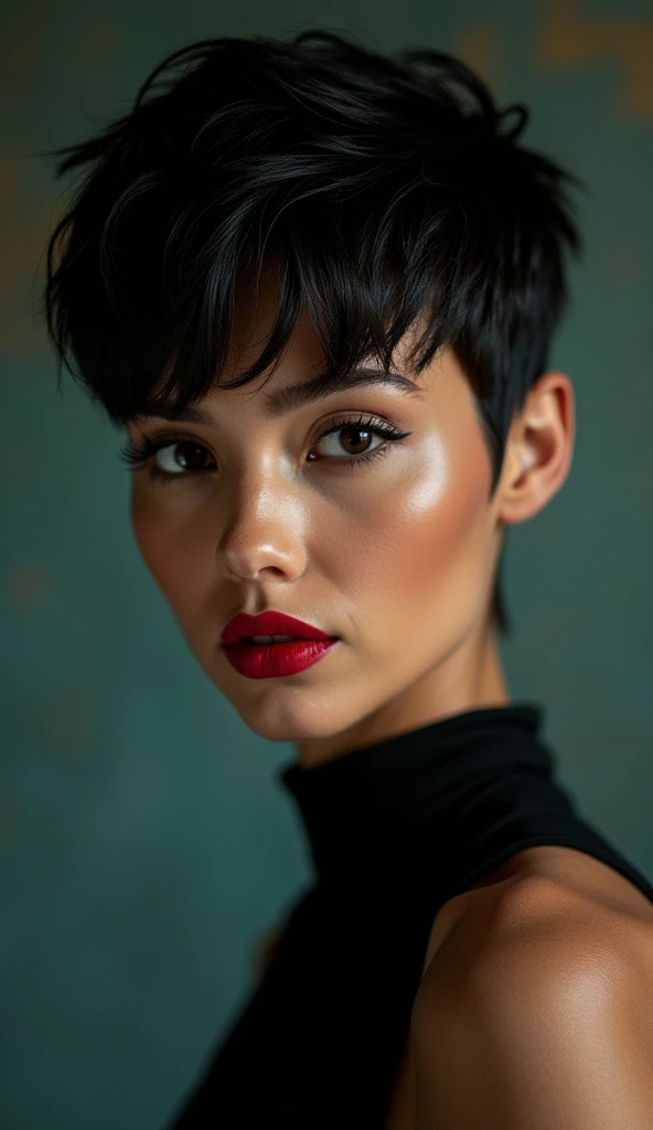 woman with short shag haircut and makeup. Ultra-detailed, realistic, photorealistic Cinematic, photorealistic, realism, By Sasan