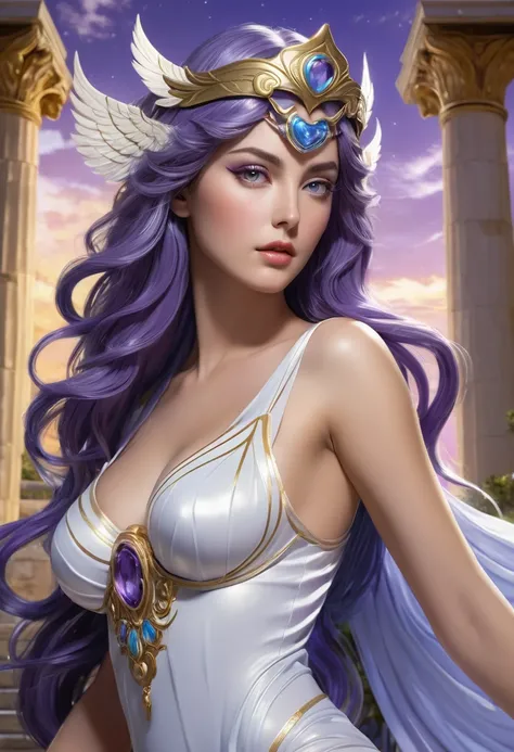 Positive Prompts: "Portrait of the goddess Athena from the anime Saint Seiya, portrayed with an alluring and seductive aura, wearing her normal attire. She is shown wearing a flowing white micro dress that falls elegantly around her form, exuding grace and...