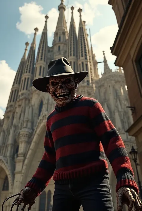 Freddy Krueger in front of the Sagrada Familia in Barcelona 