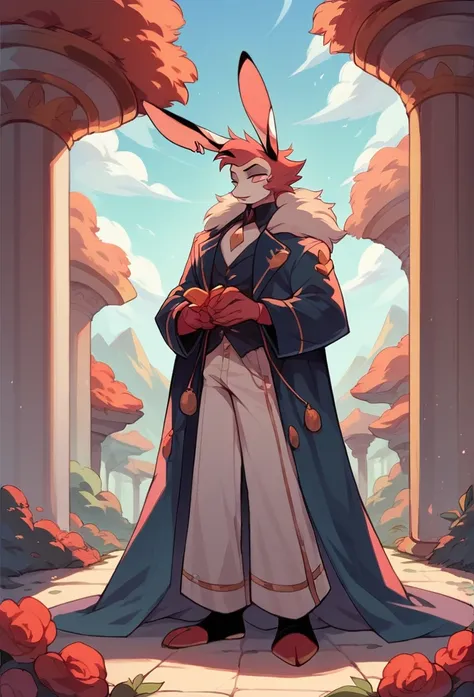 An original character, anthropomorphic, English spot rabbit, male, tall character, wearing a outfit, using some accessories, on a beautiful background, cartoon art style "Helluva Boss"