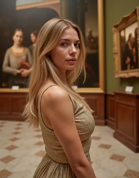 hourglass body,oval face a beautiful blonde woman in the Uffizi Gallery in Florence, posing in front of Renaissance artworks, wearing a chic dress (big breasts:1.2), hourglass figure, highly detailed, photorealistic, 8k, best quality, ultra-detailed, reali...