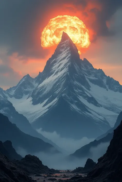 A mountain up close with a nuclear explosion in the background