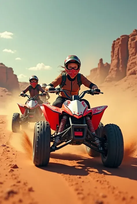 un groupe de fille qui fait du quad dans le desert