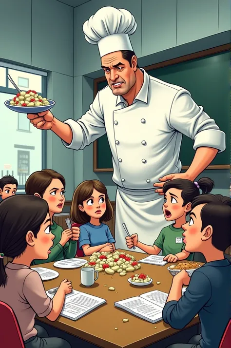 . Here is another cartoon idea that expresses  "Indoctrination"  in the pedagogy of the contents in a humorous manner :

 Description of the cartoon :

 the teacher wearing  " cook " في مطبخ ضخم، ممسكًا  digested  ضخمة مليئة بالحروف والأرقام والمعلومات، وي...