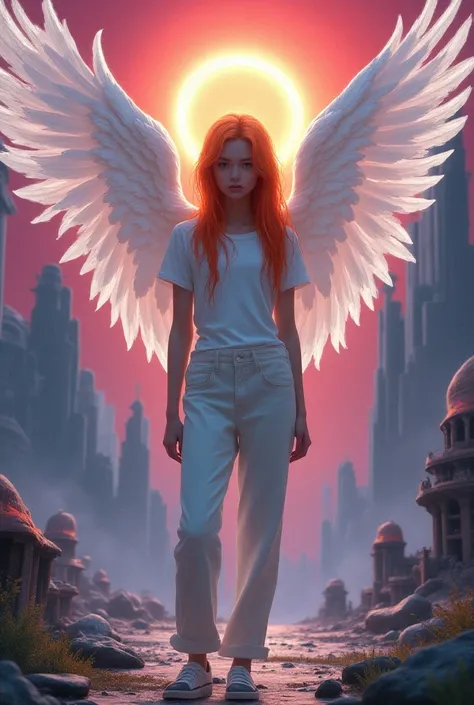 The image is a vibrant, psychedelic digital artwork with a surreal, fantastical theme. The central figure is a young, androgynous person with long, orange hair and pale skin, dressed in a white, short-sleeved top and white pants, giving them an angelic app...