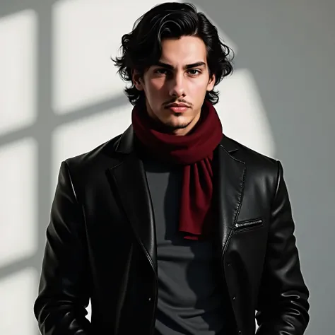 Elegant and sophisticated man , medium wavy hair,  black hair .  You are wearing a dark gray long sleeve t-shirt and a dark red scarf,  black leather jacket . His gaze is fixed forward.  Background of the white image with low lighting .