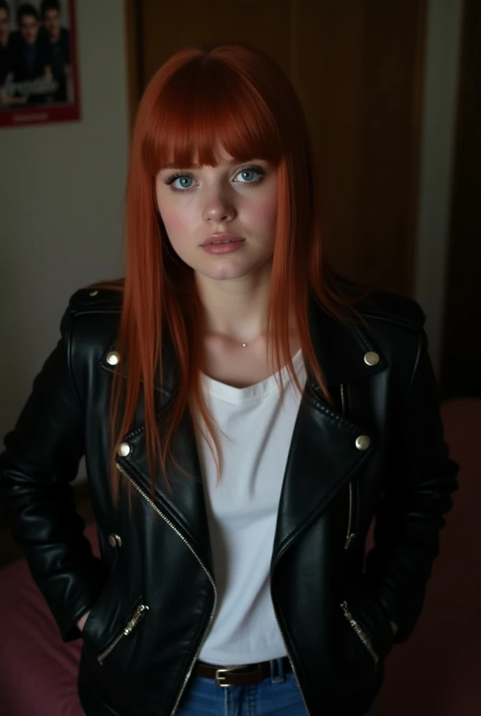 Photo of a young woman with straight red hair. She has striking blue eyes. She is wearing a black leather jacket and a white shirt. The girl is posing with her hands in her pockets. The background is a dimly lit room with a poster of a band.
