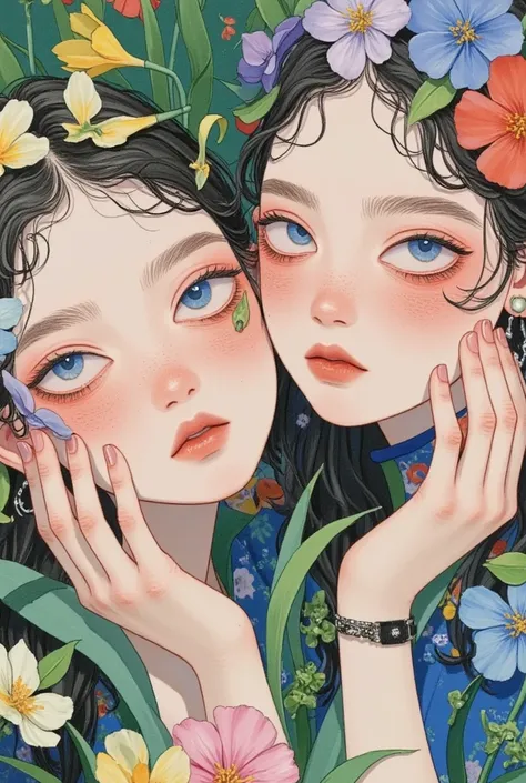 ( Ultra High Resolution ,  high quality , masterpiece,  best quality),  Beautiful Girls，Flowers on head，Flowers covering eyes