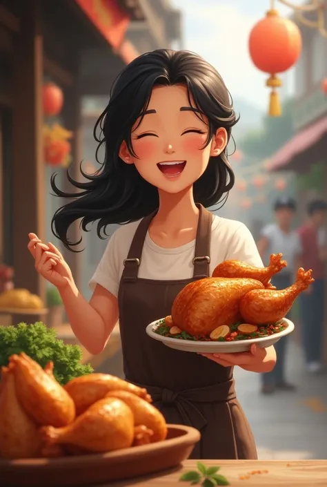 An older girl 
 Selling roasted chicken, joyous
with loose black hair 
