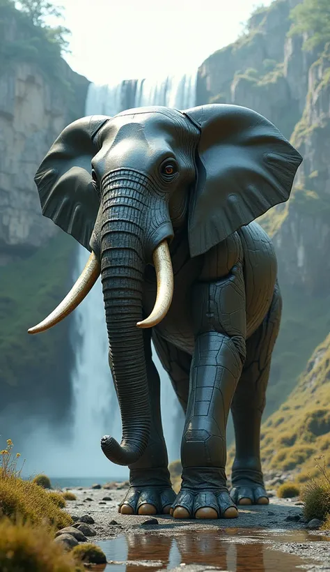 "Design a hyper-realistic character that blends Chitti (Robot 2.0) with the grandeur and strength of a massive elephant, standing in a secluded valley surrounded by towering cliffs. The character has a powerful, imposing metallic frame, with elephant-like ...