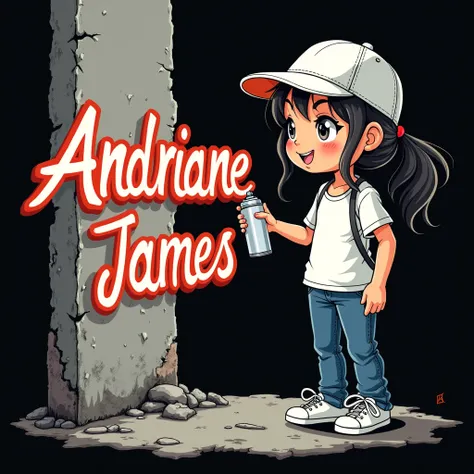 a cute girl hand drawn character wearing  white t-shirt, blue jeans  white  cap and whute sneakers shoes spray painting a name on the wall that reads “ Andriane James“ in urban graphic text the behind the head is ripped up wall design on a solid black back...