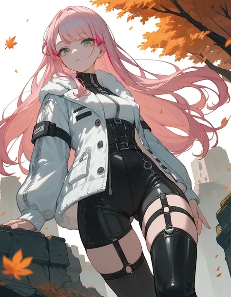 ((close up)), score_9, score_8_up, score_7_up, 1girl, wide hips, medium breast, (((side bangs))), pink hair, green eyes, long hair, straight hair, hair, legs, blue eyes, (pose:1.5), hips, hands, fingers, Anatomically correct, thigh straps, (round highlight...